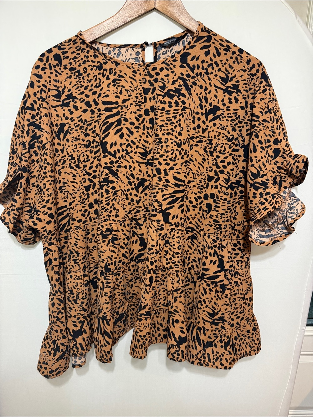 SHEIN Tan and Black Animal Print Ruffle-Sleeve Blouse